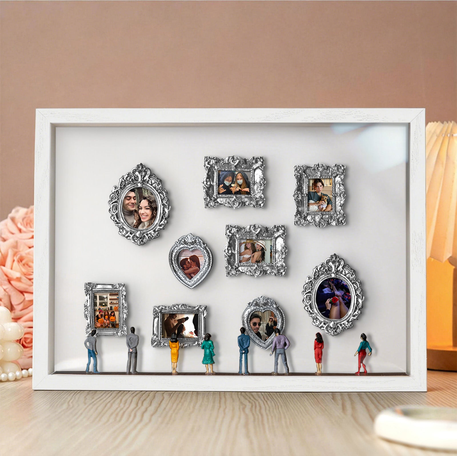 Miniature personalized museum gift with white frame and spotlights, featuring a custom couple's photo, by MadeMine.
