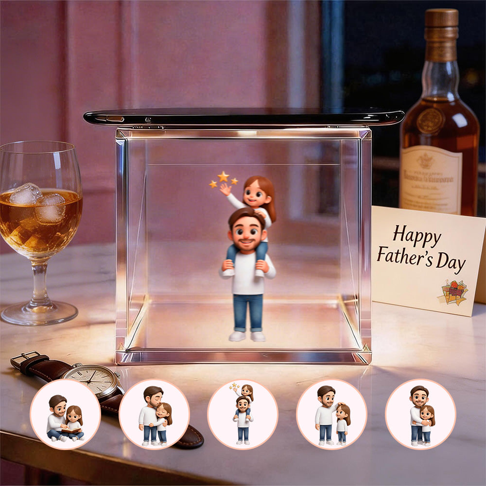 3D cartoon double-person hologram video display featuring high-transmittance holographic material for Father's Day gift.