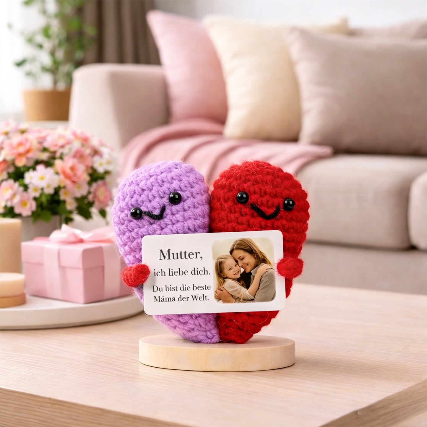 MadeMine custom heart-shaped knitted ornament for Mother's Day with intricate stitching and soft pastel colors.