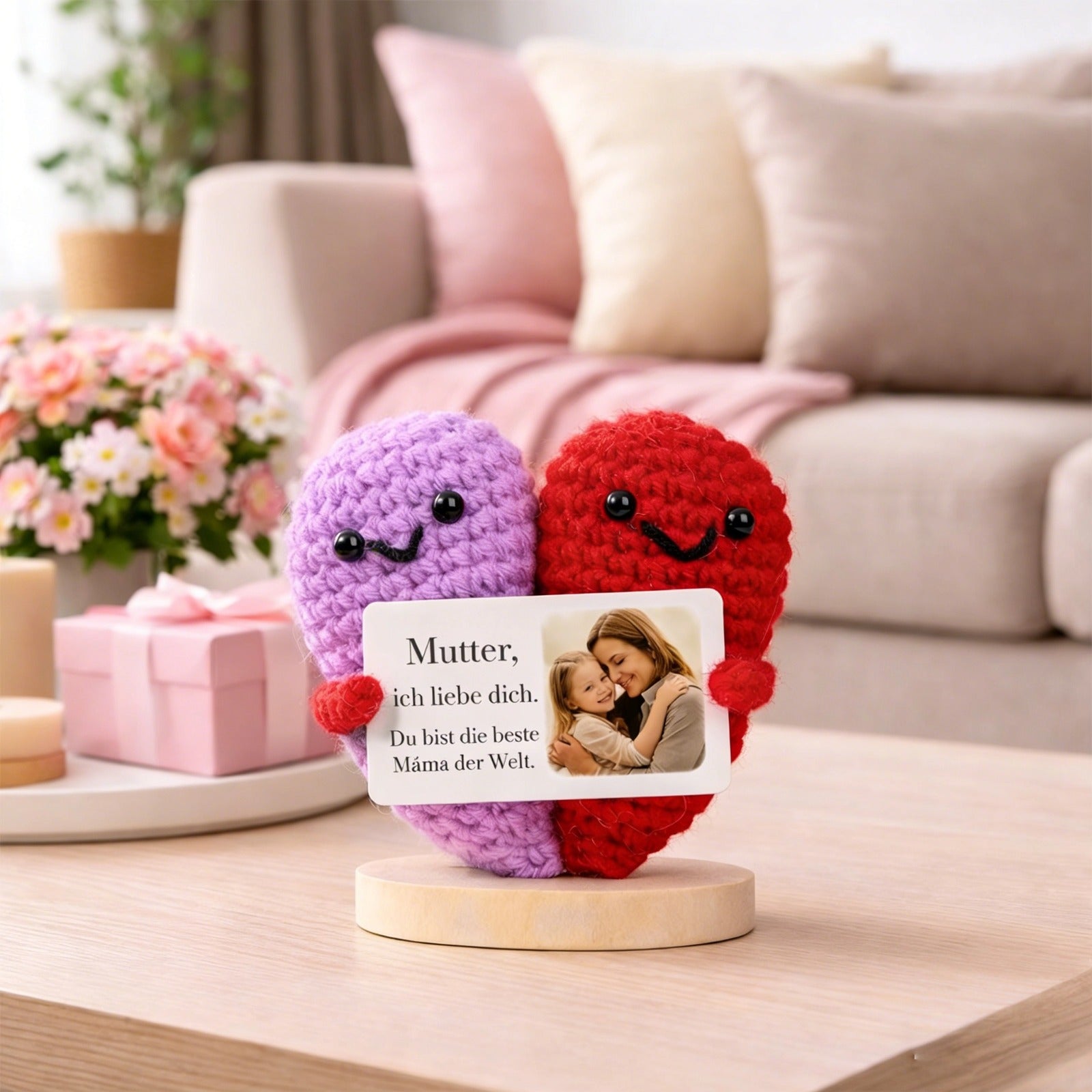 MadeMine custom heart-shaped knitted ornament for Mother's Day with intricate stitching and soft pastel colors.
