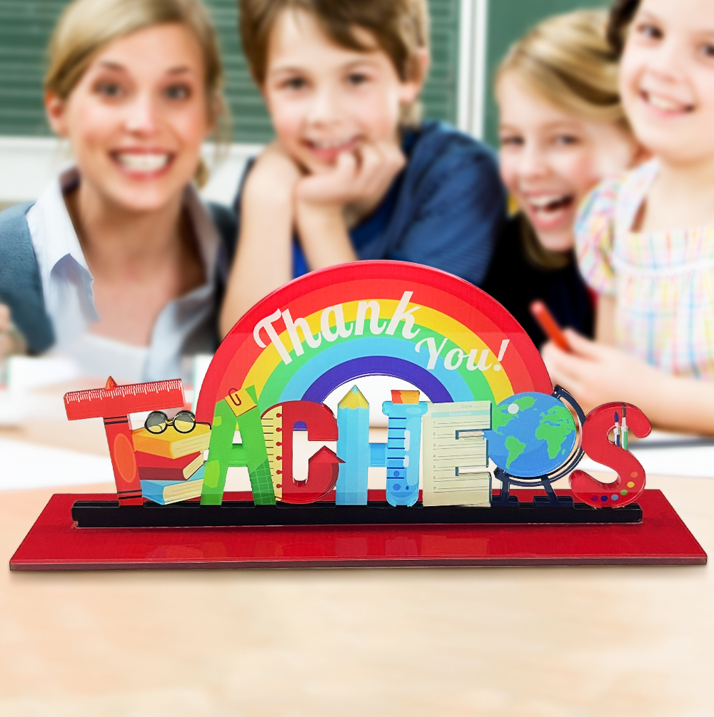 Personalized Rainbow Teacher Desk Sign – Custom Name Acrylic Plaque