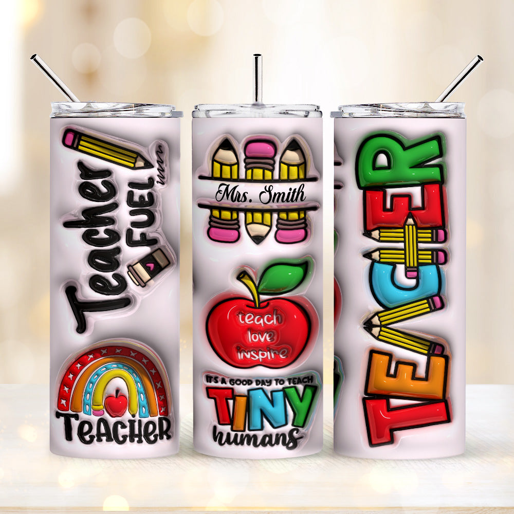 Personalized 3D Rainbow Apple & Pencil Teacher Tumbler – 20oz Skinny with Lid & Straw