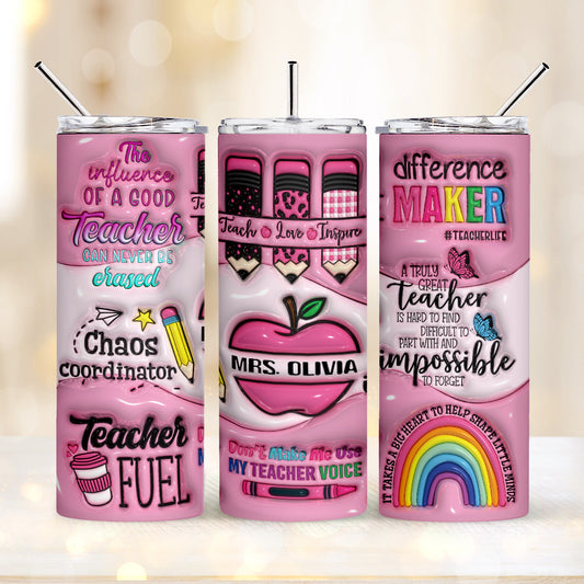Personalized 3D Apple & Pencil Teacher Tumbler – 20oz Skinny with Lid & Straw