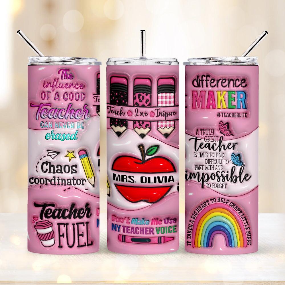 Personalized 3D Apple & Pencil Teacher Tumbler – 20oz Skinny with Lid & Straw