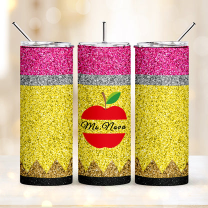 Personalized Glitter Apple Teacher Tumbler – 20oz Skinny with Lid & Straw