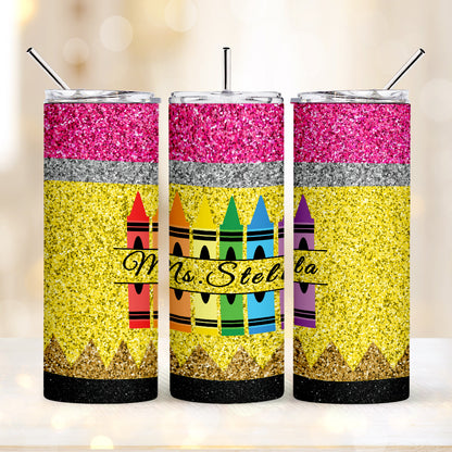 Personalized Glitter Apple Teacher Tumbler – 20oz Skinny with Lid & Straw