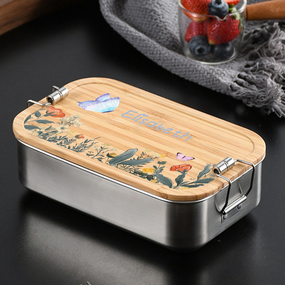 Personalized Kids Lunch Box – Custom Name Stainless Steel & Wood