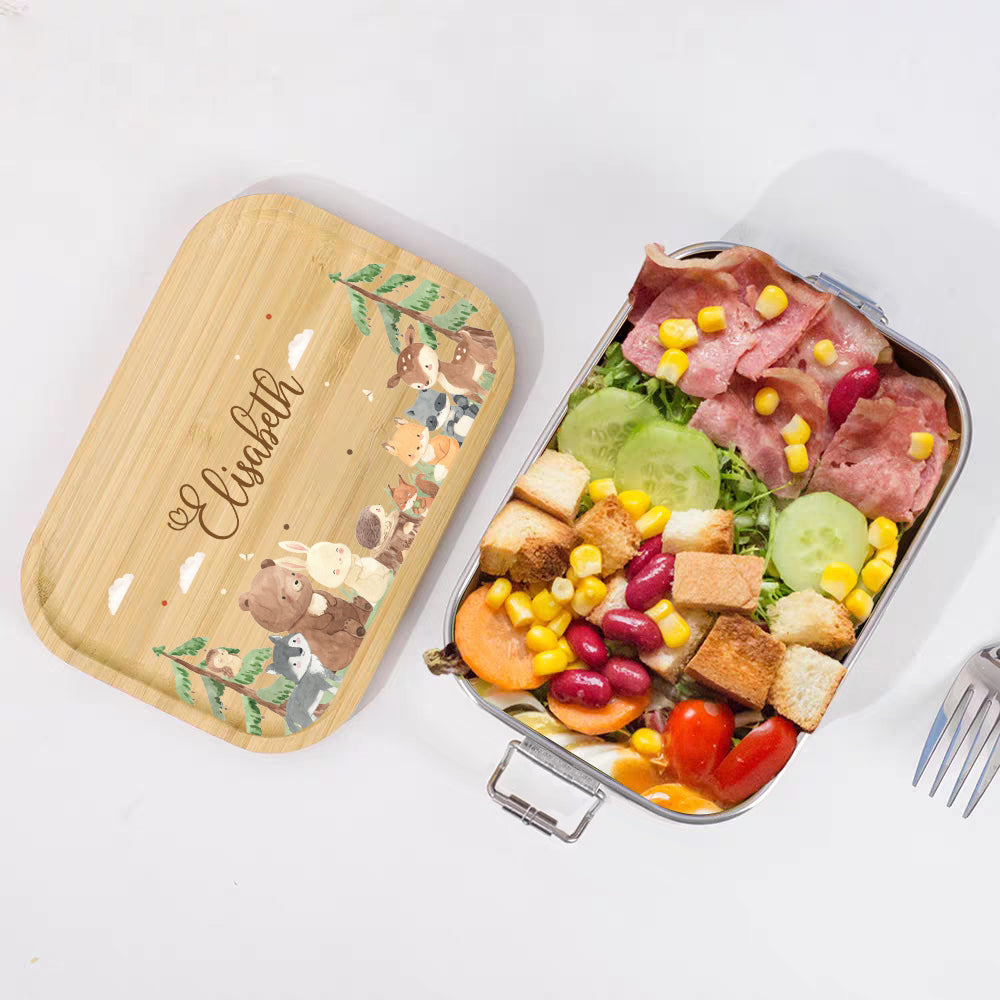 Personalized Kids Lunch Box – Custom Name Stainless Steel & Wood