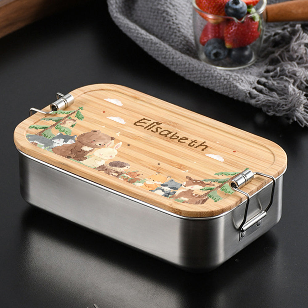 Personalized Kids Lunch Box – Custom Name Stainless Steel & Wood