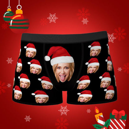 Custom Face Boxers Shorts With Christmas hat Personalized Photo Underwear