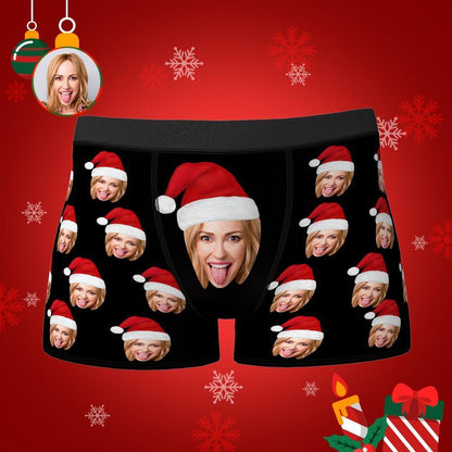 Custom Face Boxers Shorts With Christmas hat Personalized Photo Underwear 2