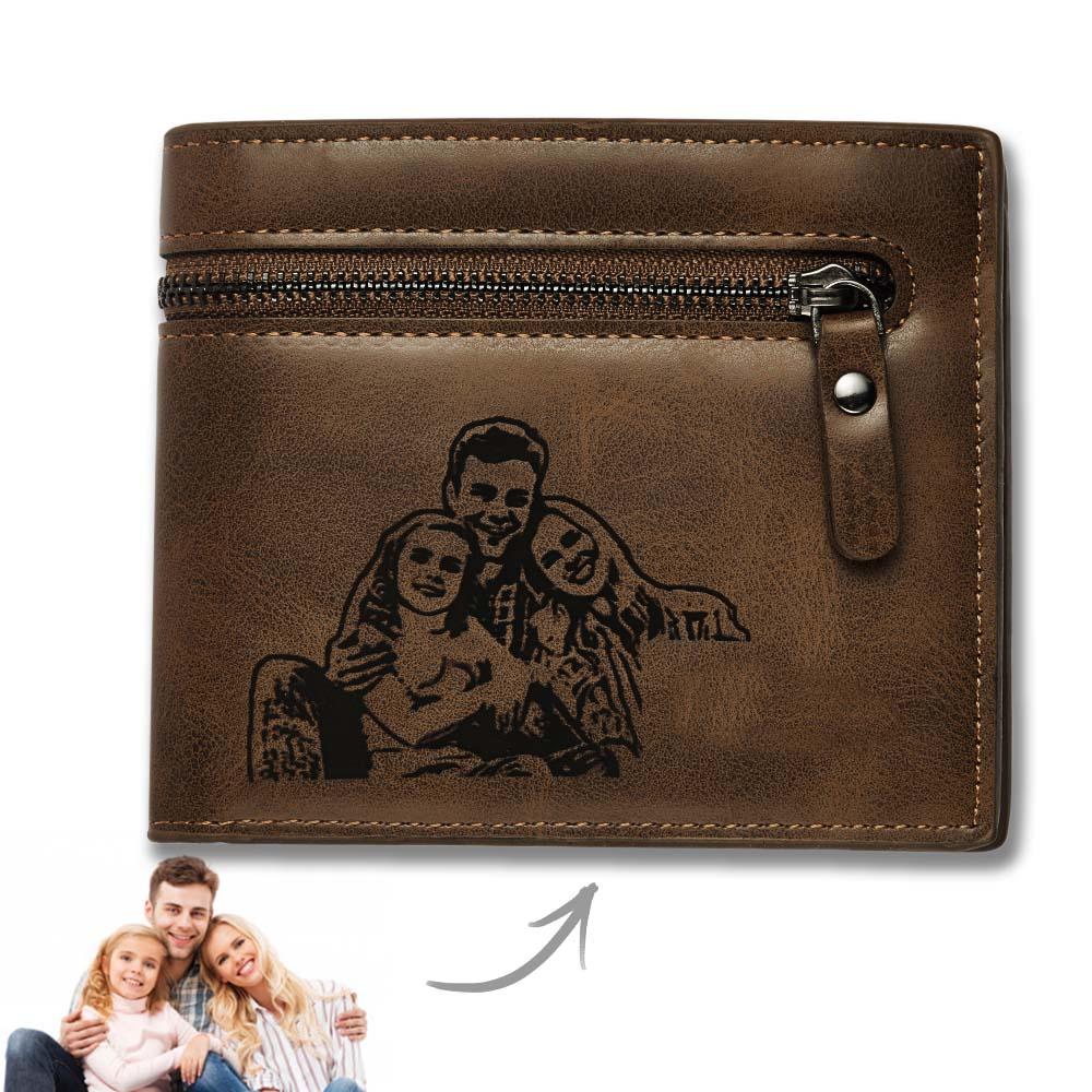 Op maat gemaakte portemonnee van donkerbruin PU-leer met foto en gravure – Verjaardags- en Vaderdagcadeau
