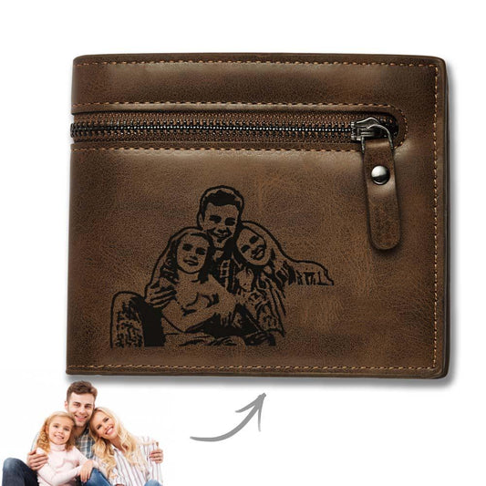 Op maat gemaakte portemonnee van donkerbruin PU-leer met foto en gravure – Verjaardags- en Vaderdagcadeau