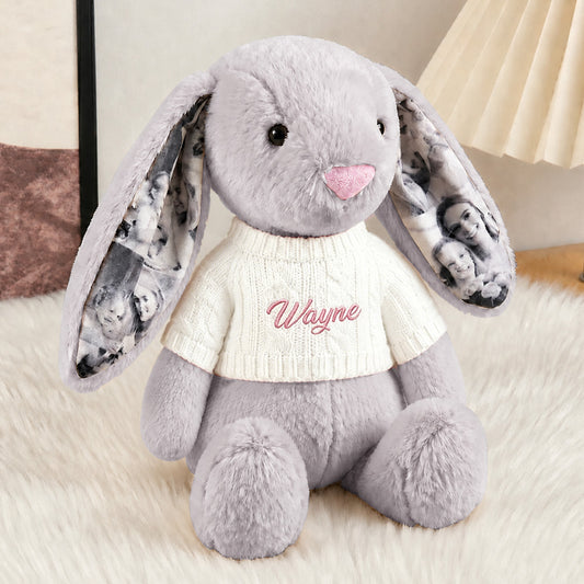 Custom Photo Bunny Plush – Personalized Name Embroidery & Photo Ears