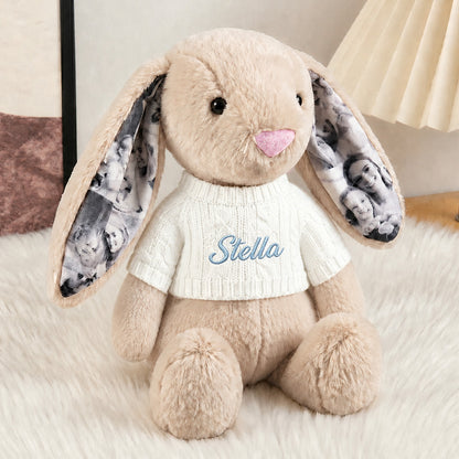 Custom Photo Bunny Plush – Personalized Name Embroidery & Photo Ears