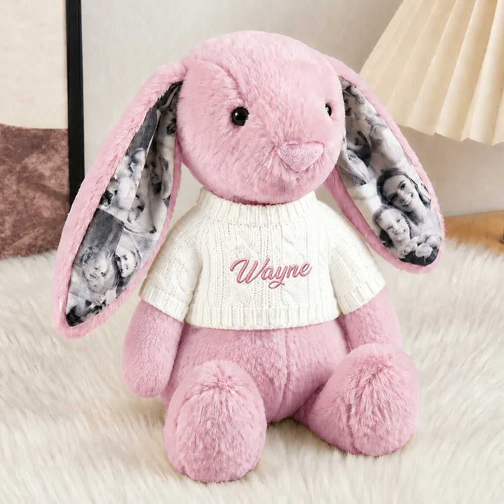 Custom Photo Bunny Plush – Personalized Name Embroidery & Photo Ears