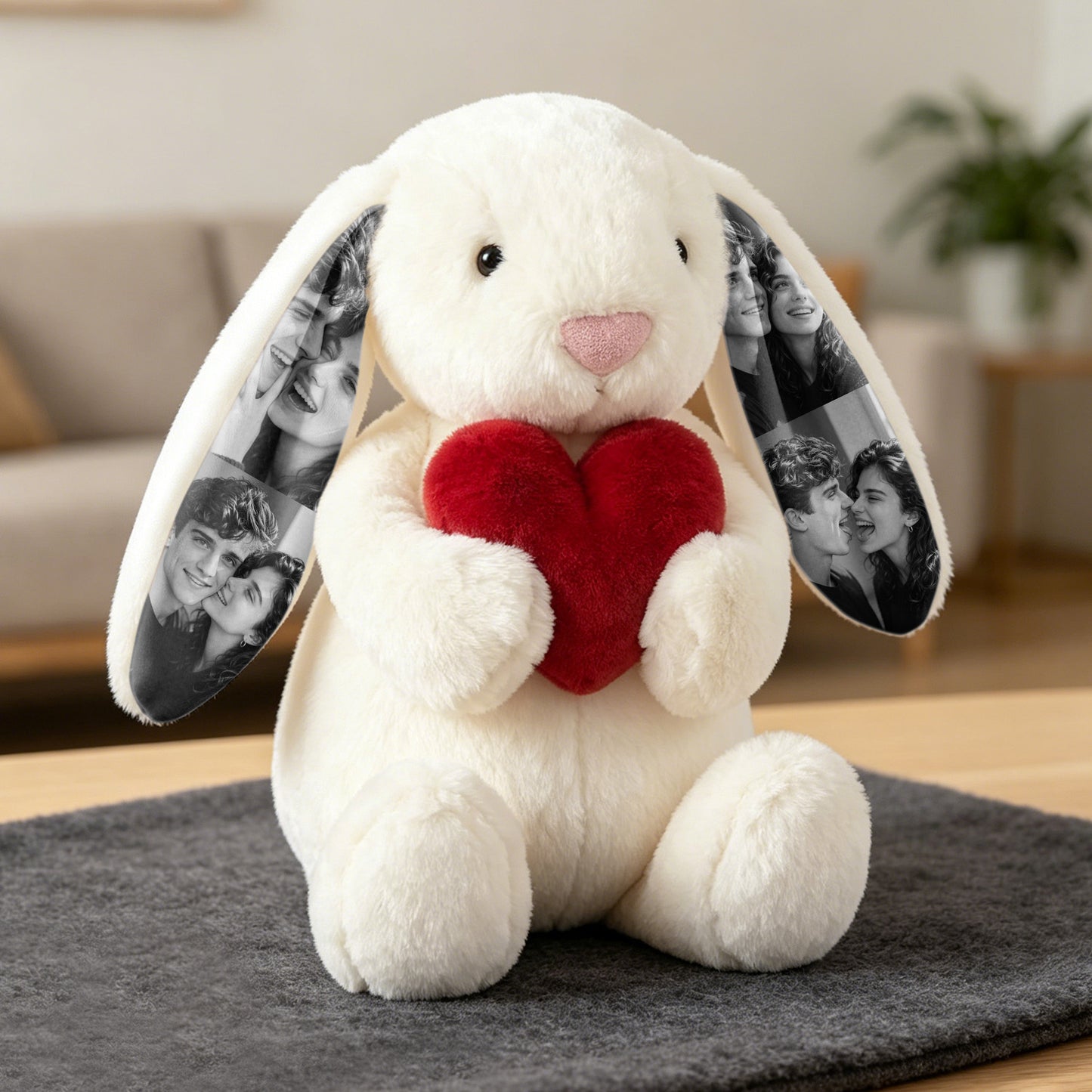 Custom Photo Red Love Heart Bunny Plush – Personalized Hidden Ear Picture Gift