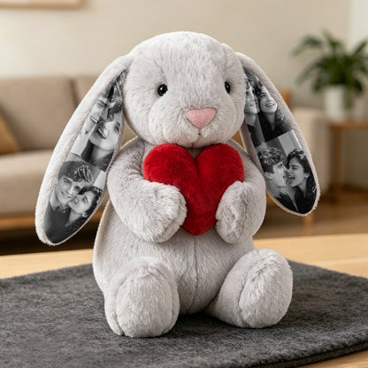 Custom Photo Red Love Heart Bunny Plush – Personalized Hidden Ear Picture Gift
