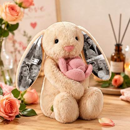 Custom Photo Pink Rose Bunny Plush – Personalized Hidden Ear Picture Gift