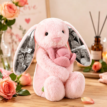Custom Photo Pink Rose Bunny Plush – Personalized Hidden Ear Picture Gift