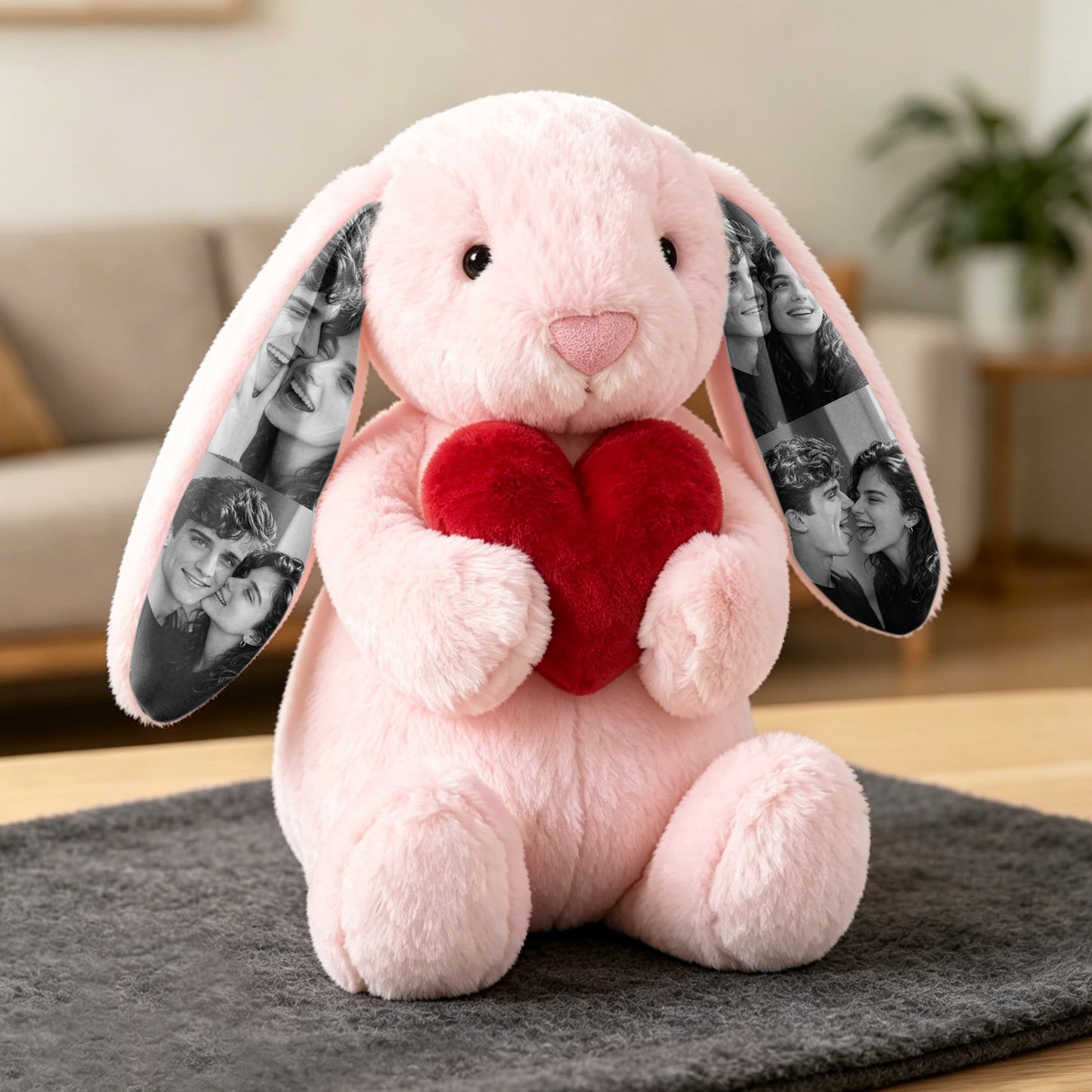 Custom Photo Red Love Heart Bunny Plush – Personalized Hidden Ear Picture Gift