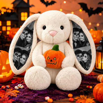 Custom Photo Halloween Bunny Plush, Personalized Picture Ears Rabbit Stuffed Toy with Pumpkin, Cute Couple Gift