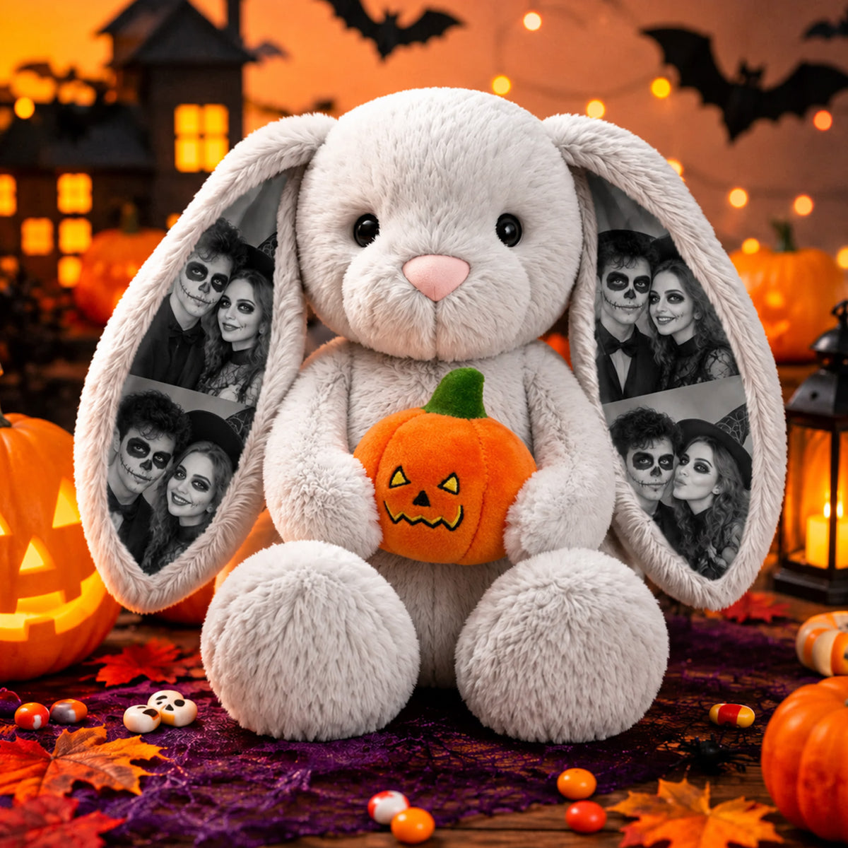 Custom Photo Halloween Bunny Plush: Custom photo Halloween bunny plush – personalized picture ears rabbit stuffed toy with pumpkin, cute couple gift
