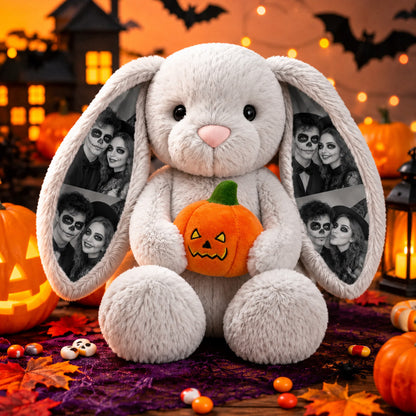 Custom Photo Halloween Bunny Plush: Custom photo Halloween bunny plush – personalized picture ears rabbit stuffed toy with pumpkin, cute couple gift