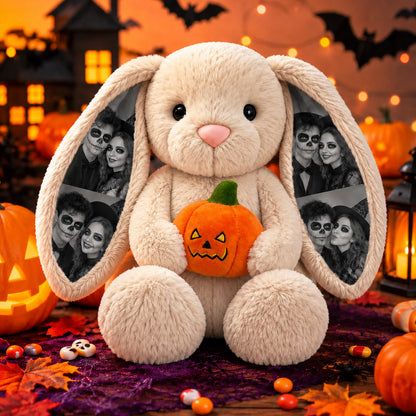 Custom Photo Halloween Bunny Plush, Personalized Picture Ears Rabbit Stuffed Toy with Pumpkin, Cute Couple Gift