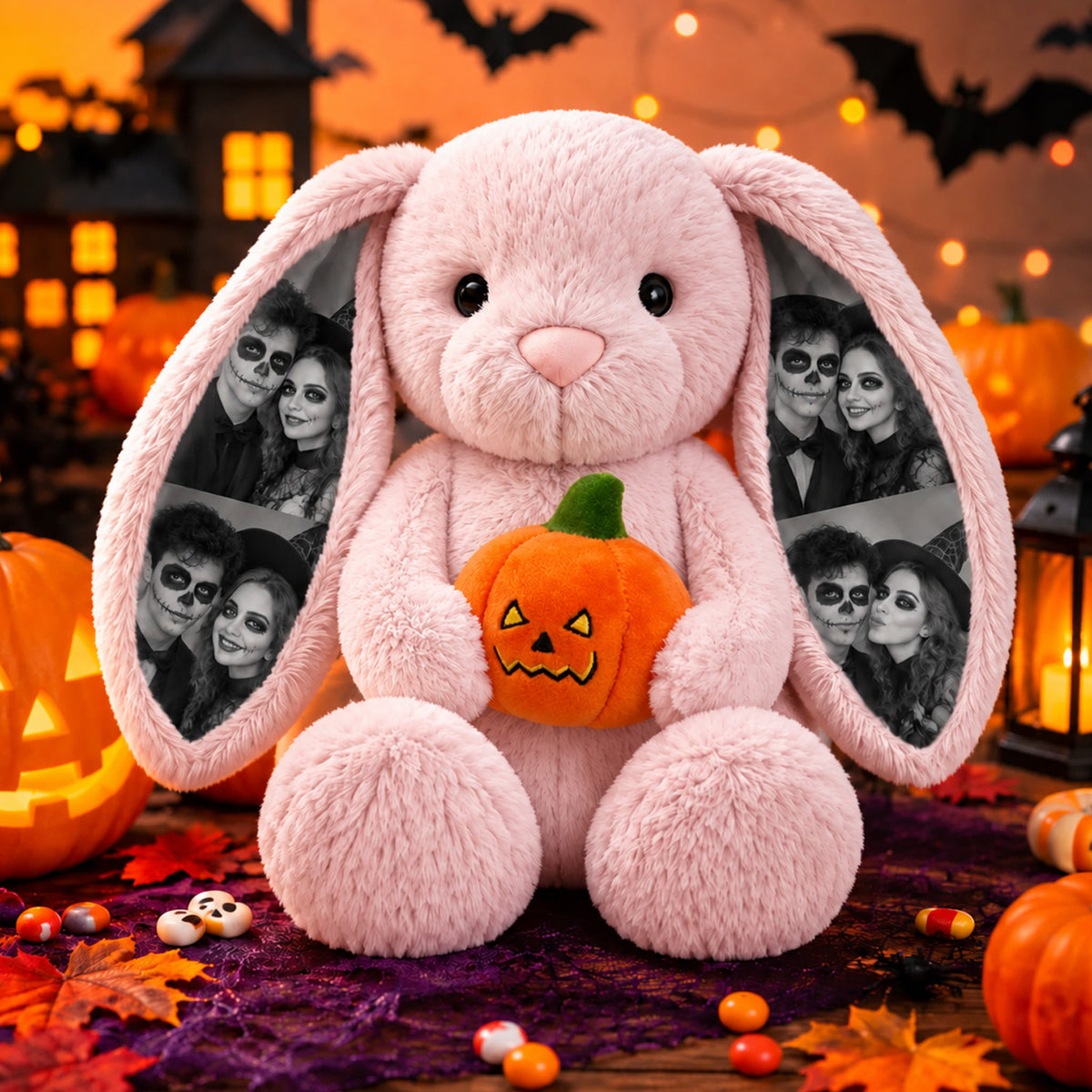 Custom Photo Halloween Bunny Plush, Personalized Picture Ears Rabbit Stuffed Toy with Pumpkin, Cute Couple Gift