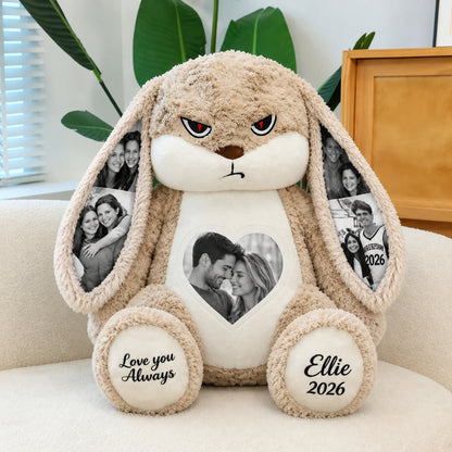 Personalized Grumpy Bunny Plush with Custom Photo Ears and Roses, Romantic Gift for Couples