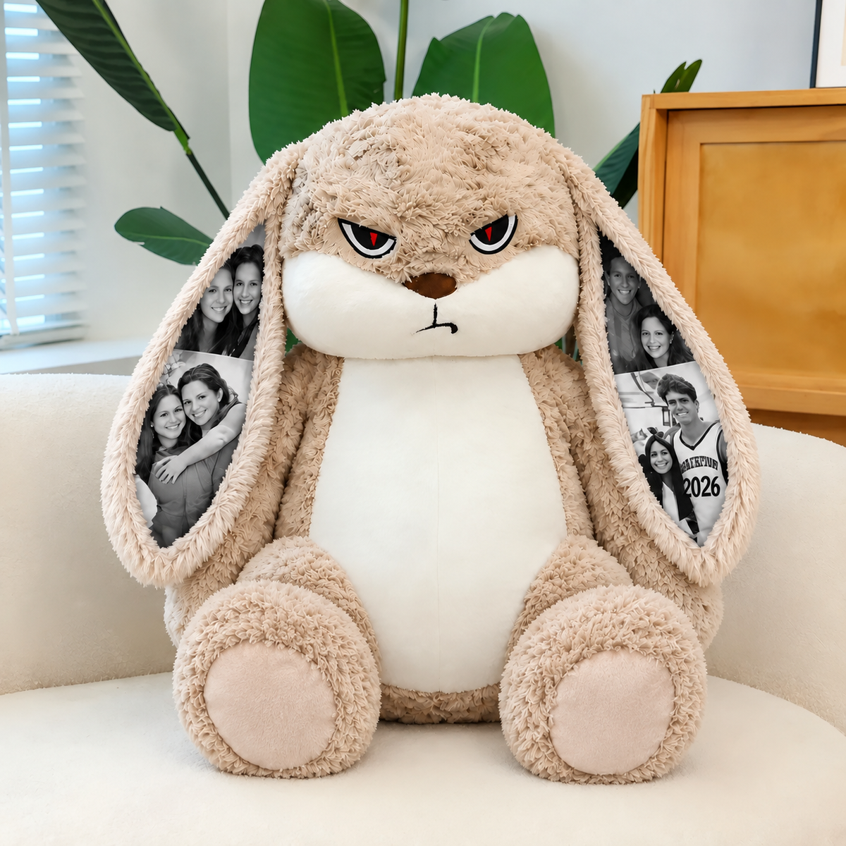 Personalized Grumpy Bunny Plush with Custom Photo Ears and Roses, Romantic Gift for Couples