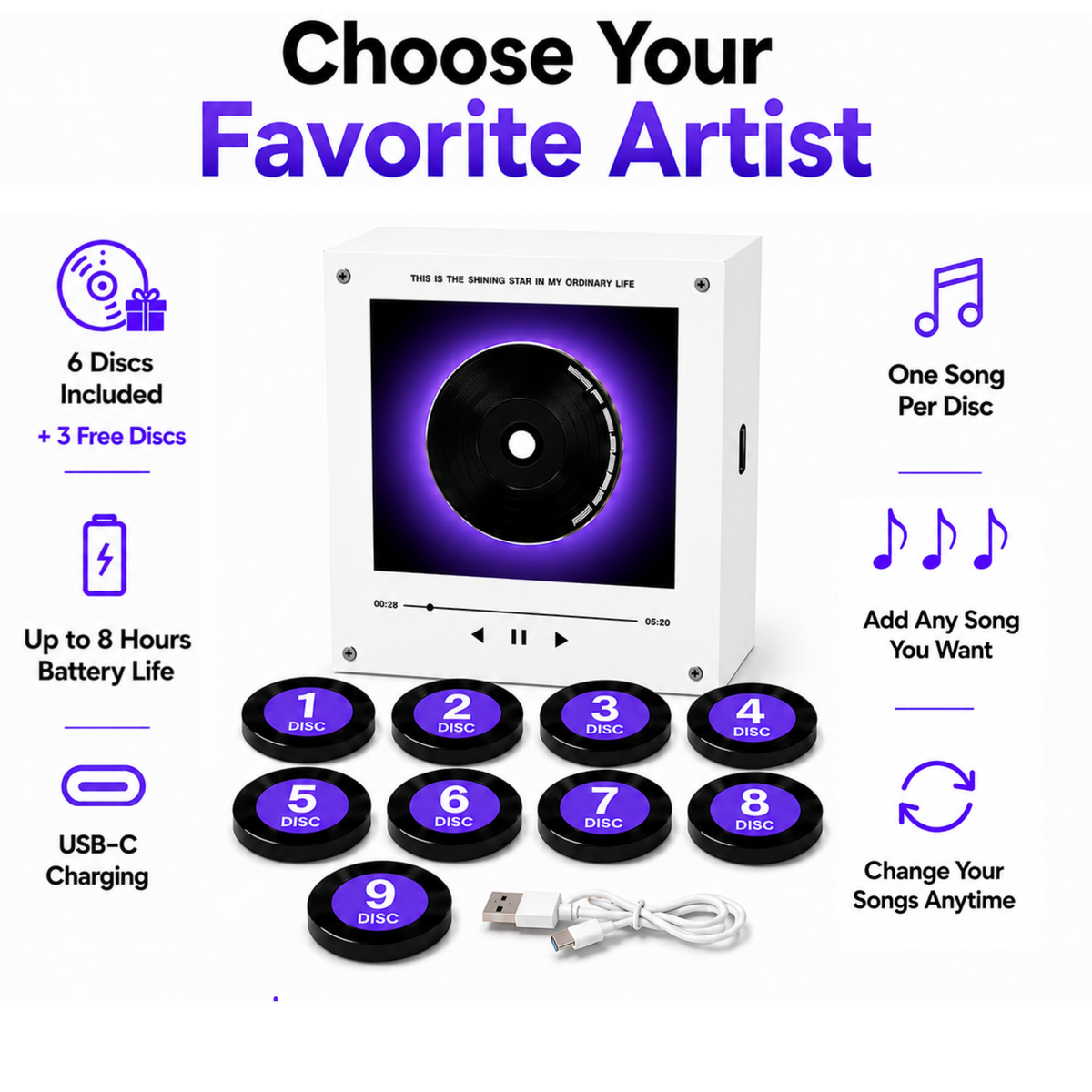Custom Mini Vinyl Record Player with 9 Magnetic Discs, Personalized Music Gift for Couples, Anniversary Memories (Production time 1-2 weeks)