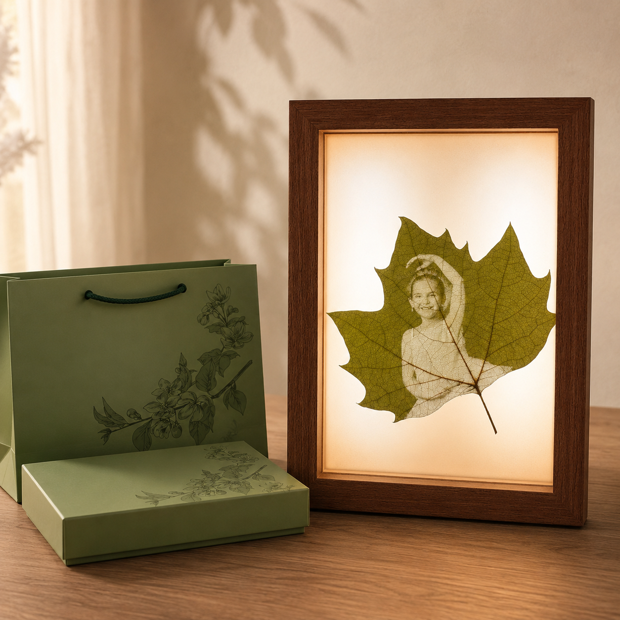 Personalized Photo on a Real Leaf – LED Light-Up Frame | Custom Nature Gift