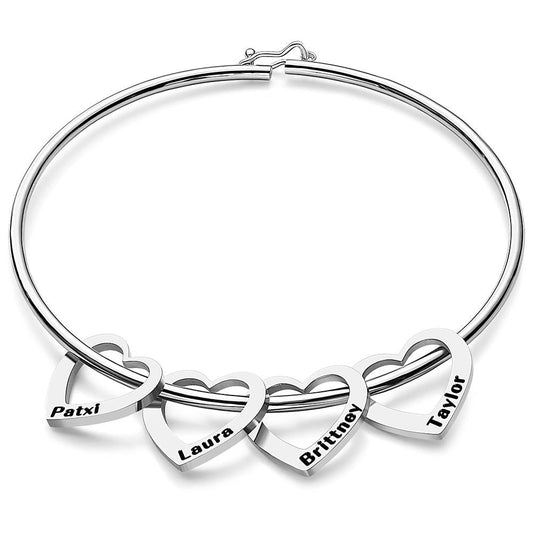 Custom Bangle Bracelet with Heart/Round Pendants Personalized Gift
