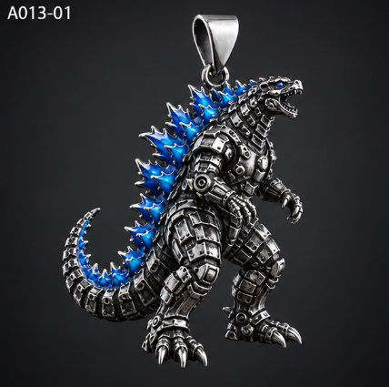 Mechanical T-Rex Spiked Back Necklace, Silver Dinosaur Statement Pendant, 45cm + 5cm Chain, Blue or Red Spikes