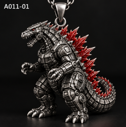 Mechanical T-Rex Spiked Back Necklace, Silver Dinosaur Statement Pendant, 45cm + 5cm Chain, Blue or Red Spikes