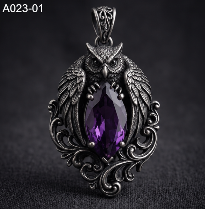 Owl Pendant Necklace with Purple Teardrop Stone 10g Genuine Silver Jewelry, Sterling Silver Wisdom Guardian Necklace Gift