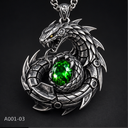 Mechanical Snake Wrapped Green Stone Pendant Necklace 10g Genuine Silver Jewelry, Sterling Silver Snake Necklace for Men & Women
