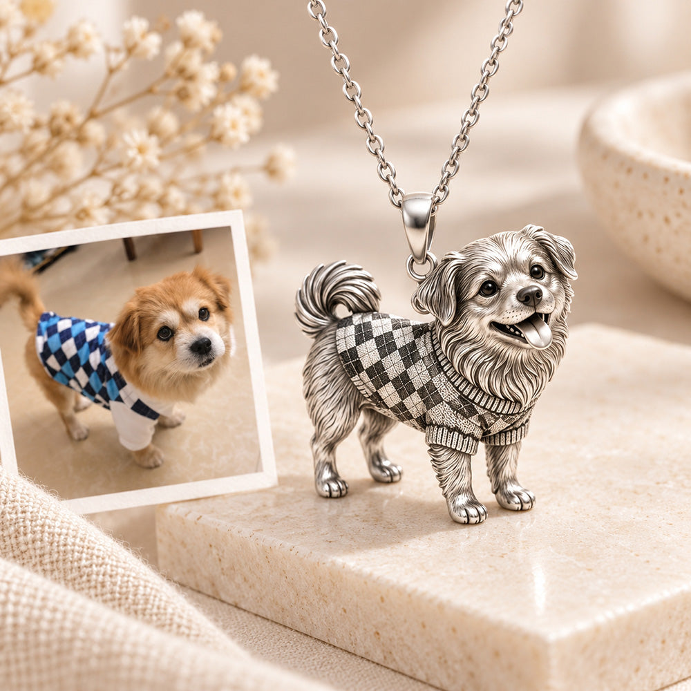 Personalized 3D Pet Portrait Necklace, Custom Sterling Silver Pet Pendant, Memorial Dog & Cat Jewelry Gift
