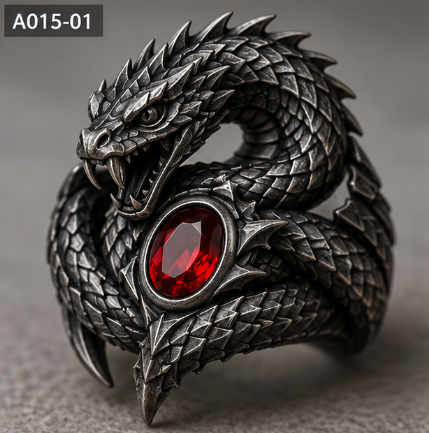 Snake Wrapped Red Stone Ring – 10g Genuine 925 Sterling Silver Gothic Snake Ring for Men & Women, US Size 6-12