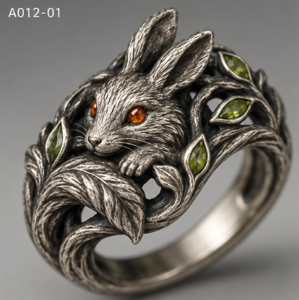 Rabbit Head & Branch Leaf Ring – 10g Genuine 925 Sterling Silver Nature Inspired Ring for Men & Women, US Size 6-12