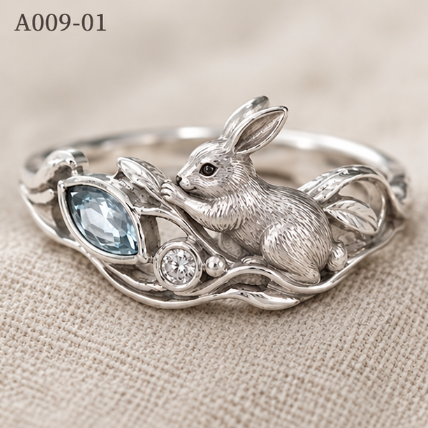 Little Rabbit Reaching Blue Teardrop Stone Ring – 10g Genuine 925 Sterling Silver Animal Statement Ring for Women & Men, US Size 6-12