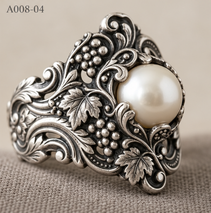 Grape Vine Pearl Ring – 10g Genuine 925 Sterling Silver Nature Inspired Pearl Statement Ring for Women & Men, US Size 6-12