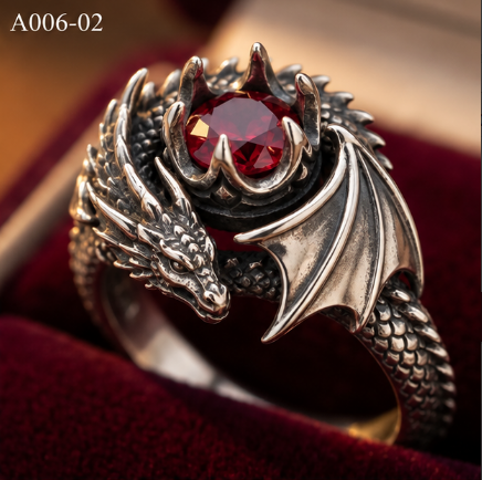 Dragon Bat Guarding Red Stone Ring – 10g Genuine 925 Sterling Silver Gothic Fantasy Ring for Men & Women, US Size 6-12