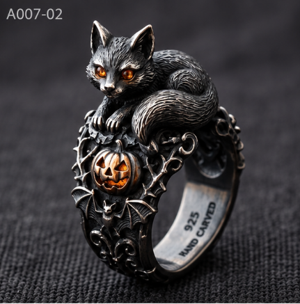 Little Fox & Pumpkin Lantern Ring – 10g Genuine 925 Sterling Silver Halloween Animal Ring for Men & Women, US Size 6-12