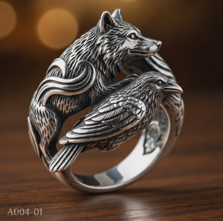 Fox & Raven Intertwined Ring 10g Genuine Silver Animal Statement Ring for Men & Women