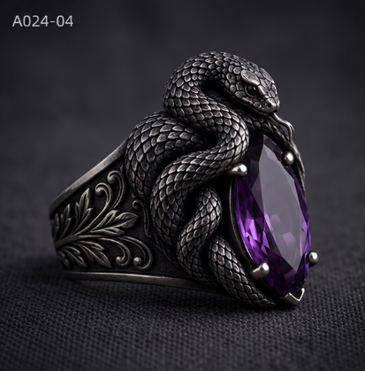 Snake Embrace Purple Stone Ring Set 10g Genuine Silver Serpent Statement Jewelry