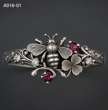 Bee & Clover Ring 10g Genuine Silver Lucky Charm Statement Ring for Men & Women