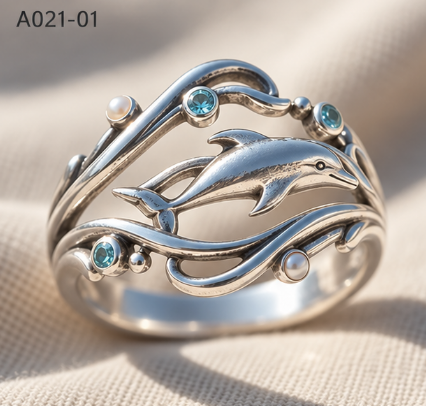 Dolphin Riding the Wave Ring 10g Genuine Silver Ocean Statement Ring